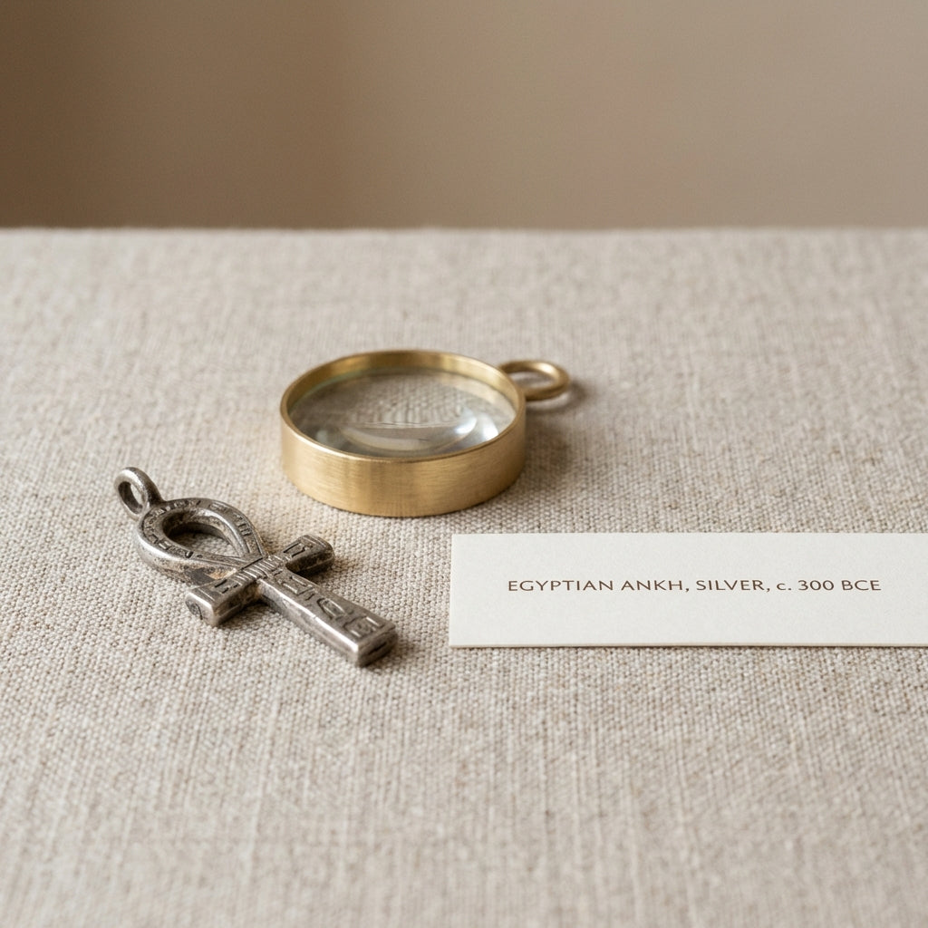 Close cropped soft lit photograph of a pure silver ankh on linen beside a magnifying loupe and plain label card in warm beige Aurora Antiqua palette