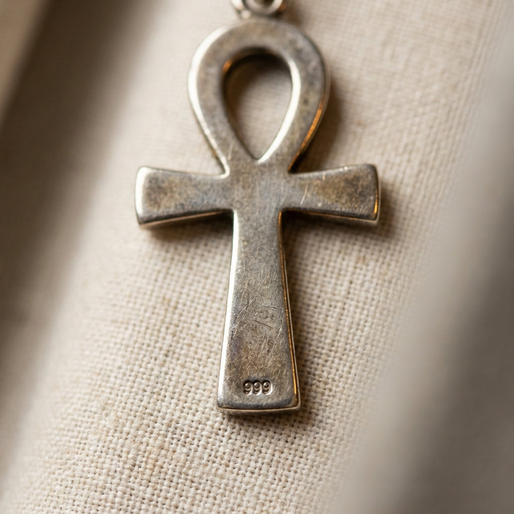 Close up of a pure silver ankh pendant on neutral linen showing patina and a clear 999 stamp in soft natural light