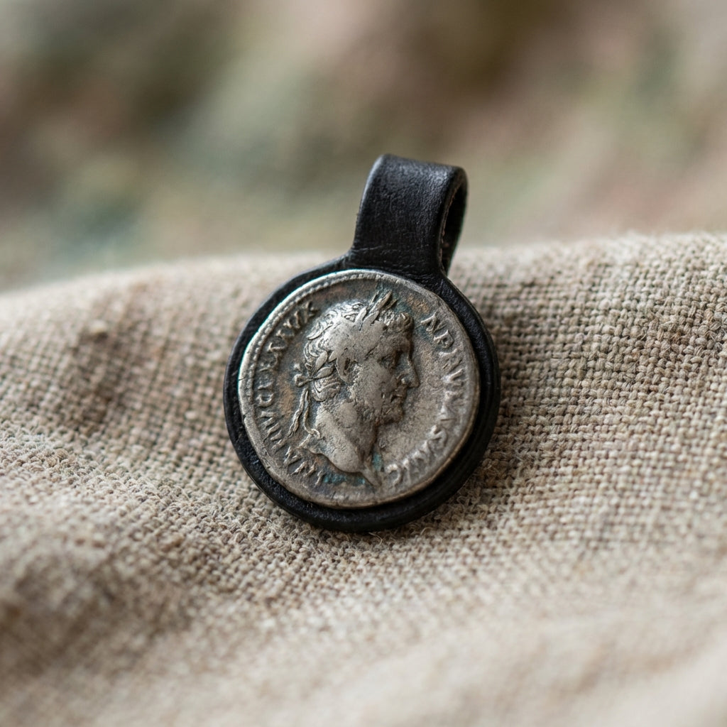 Close up of real roman coin necklace pendant on neutral textile showing silver patina and fine surface texture in soft natural light