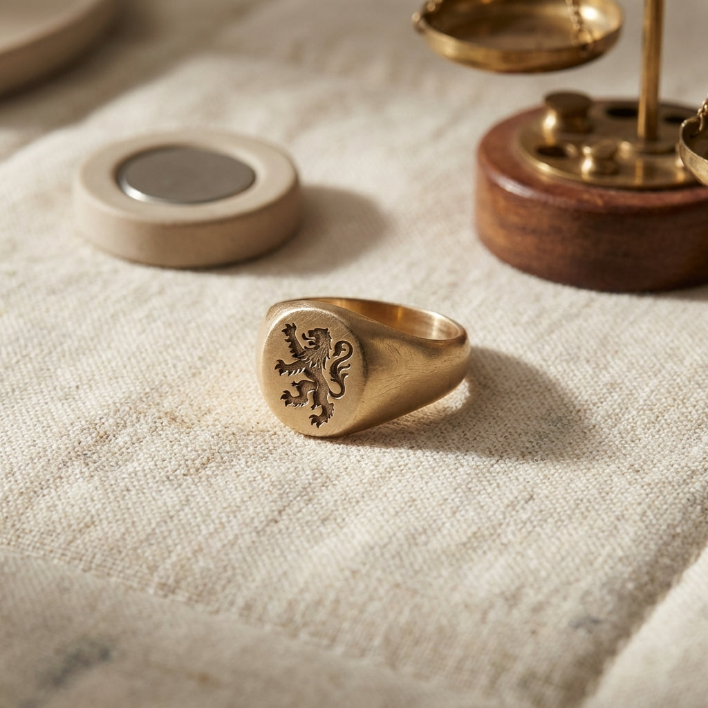 Close up of ring ancient signet with engraved crest on padded linen table in Aurora Antiqua palette soft focus ceramic magnet and small scale nearby