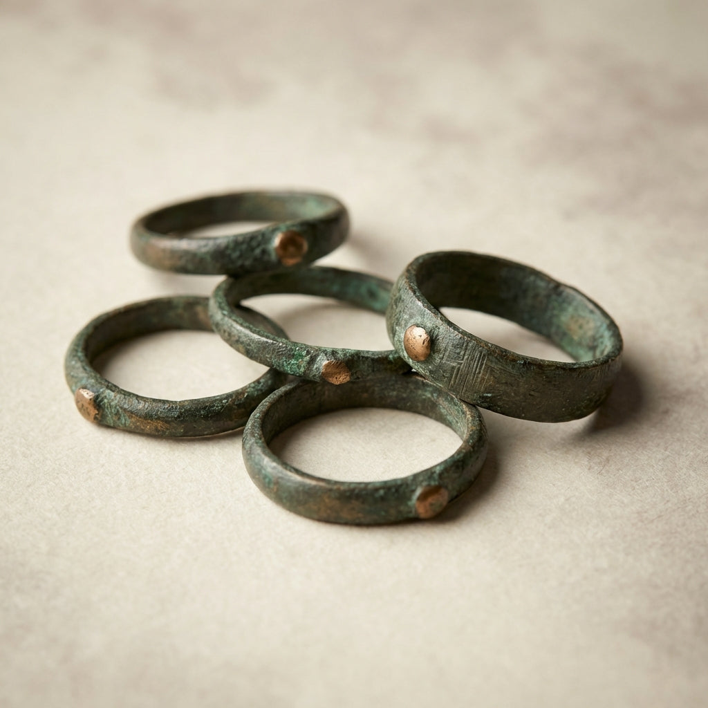 Close flat lay featuring a roman bronze ring and additional ancient bronze rings on archival paper with soft studio light highlighting patina and tool marks