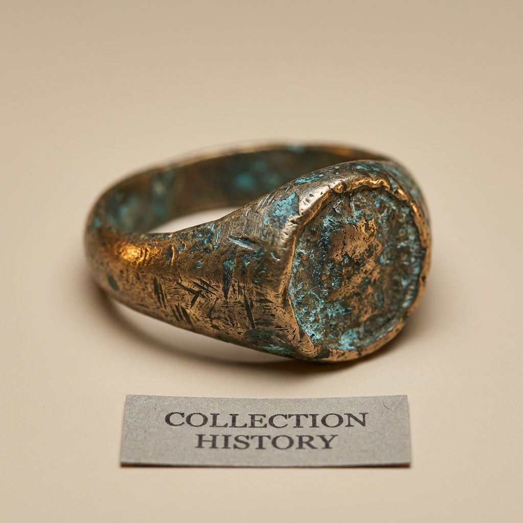 Close studio photograph of a roman bronze ring with green patina and bezel detail on a soft beige background and a small paper tag reading collection history