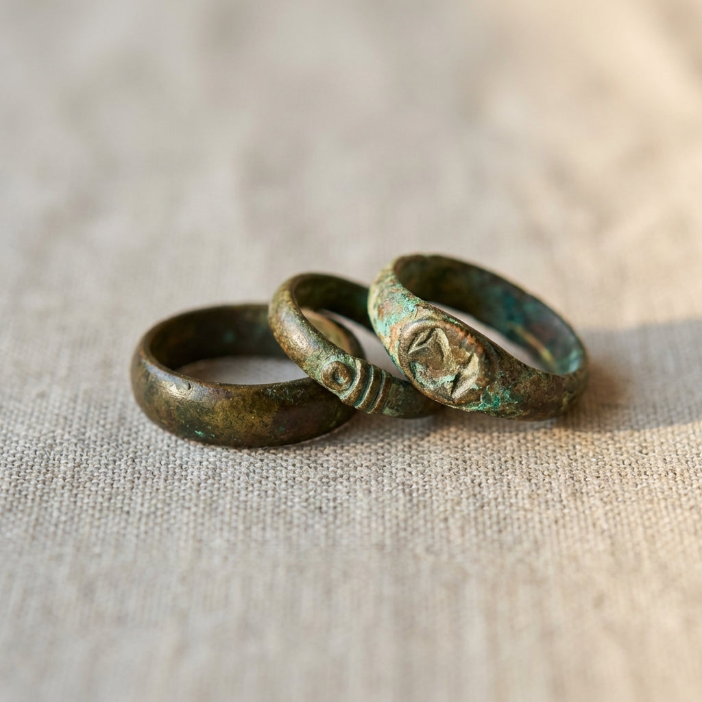 Close crop of roman bronze ring group on neutral linen background #ede7da showing a range of brown to green patinas with soft side lighting minimalist composition