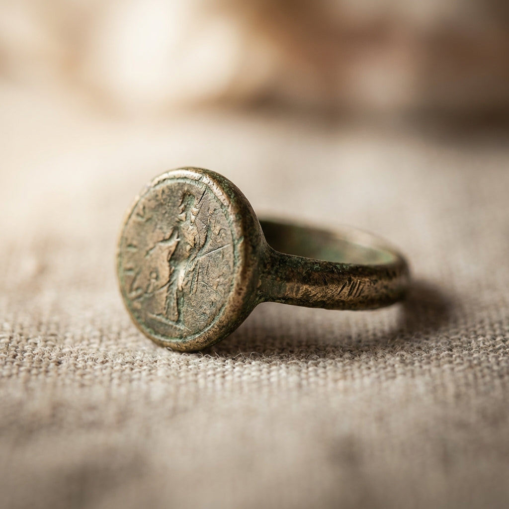 Close up of a worn roman bronze ring bezel and hoop on neutral linen background soft natural side light highlighting patina and surface detail