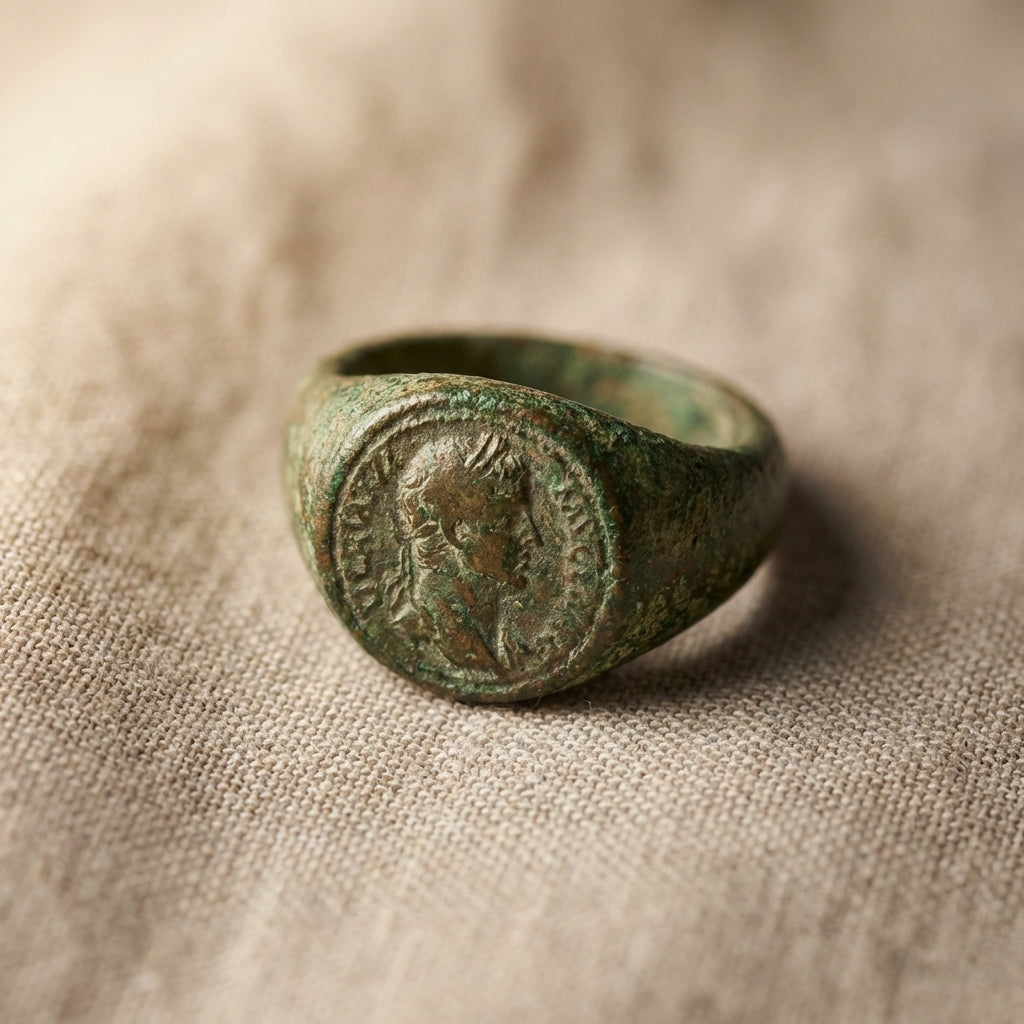 Close crop of a patinated roman bronze ring on neutral linen cloth warm studio lighting highlighting bezel detail and textured patina