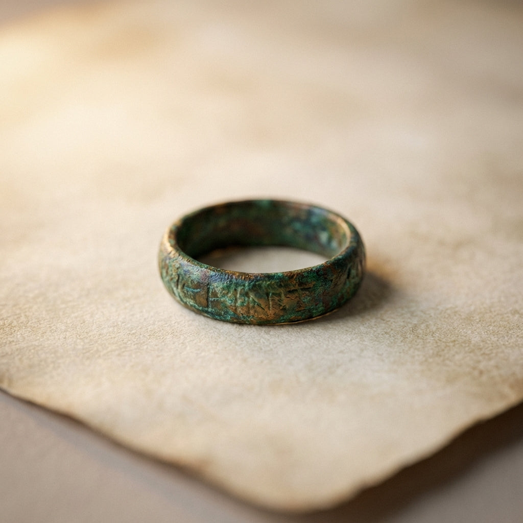 Close atmospheric full frame photograph of a worn roman bronze ring on aged parchment showing patina and surface detail in soft directional warm light