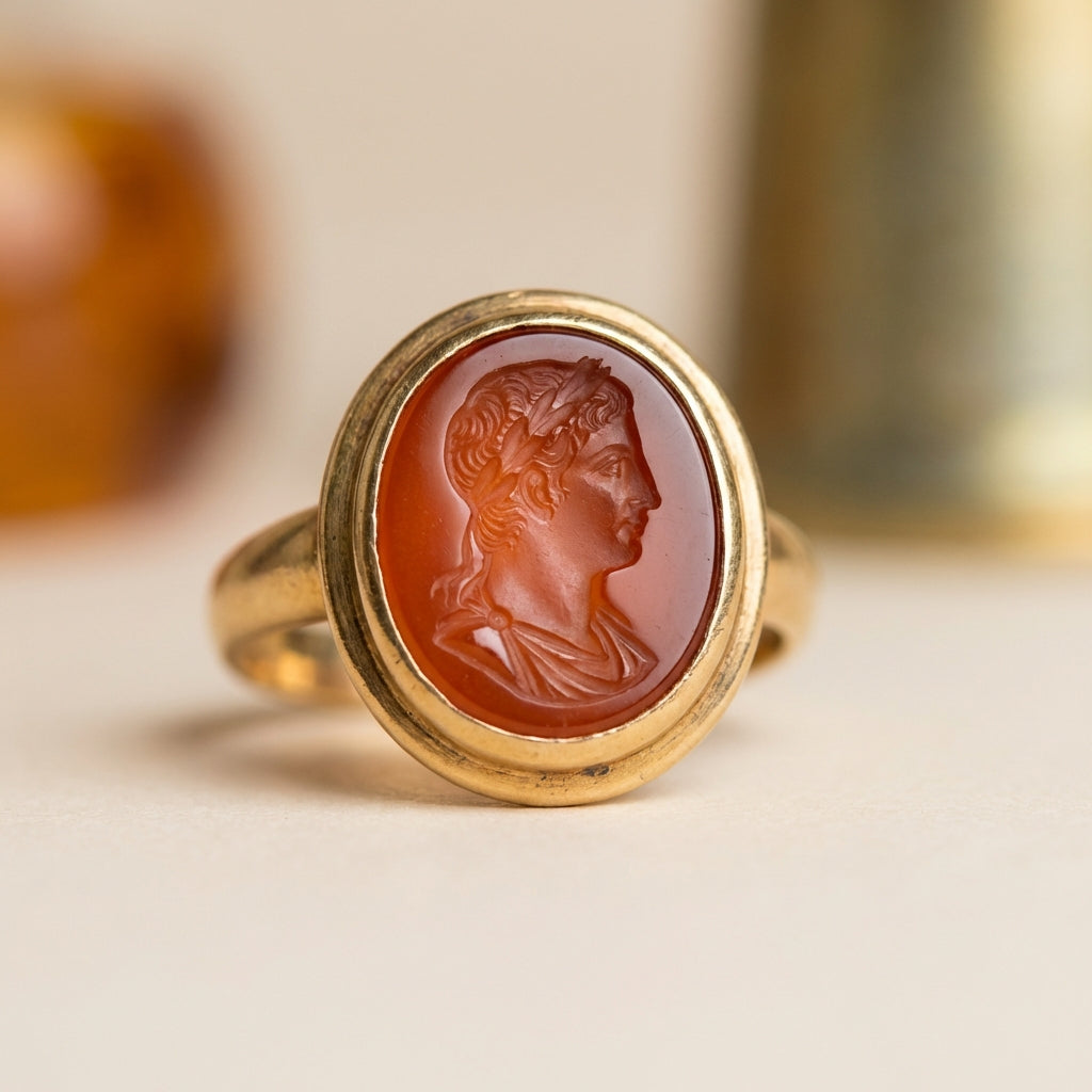 Close up of polished carnelian intaglio set in an ancient style ring on neutral ede7da background minimalist museum lighting detailed engraving roman carnelian intaglio