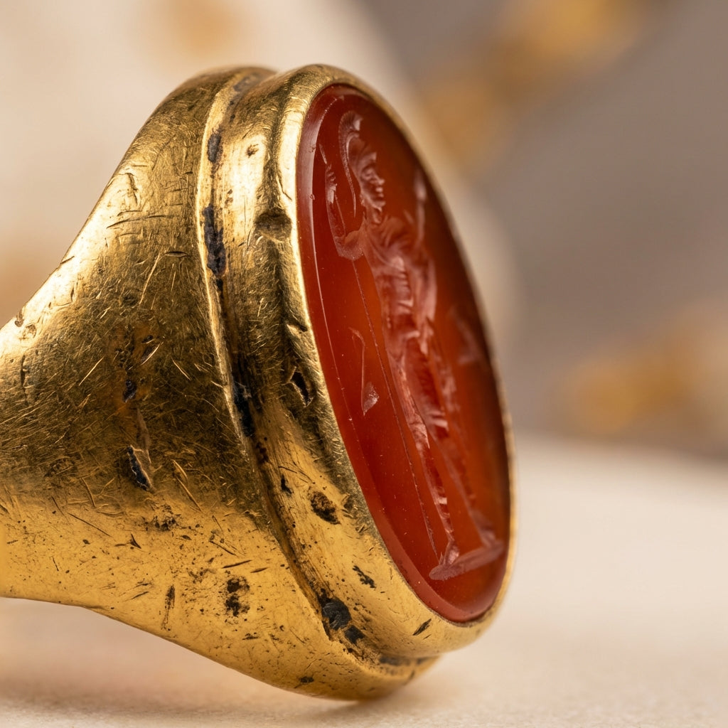 Close up profile of a roman carnelian intaglio set in a worn gold ring showing the incised motif and warm studio lighting