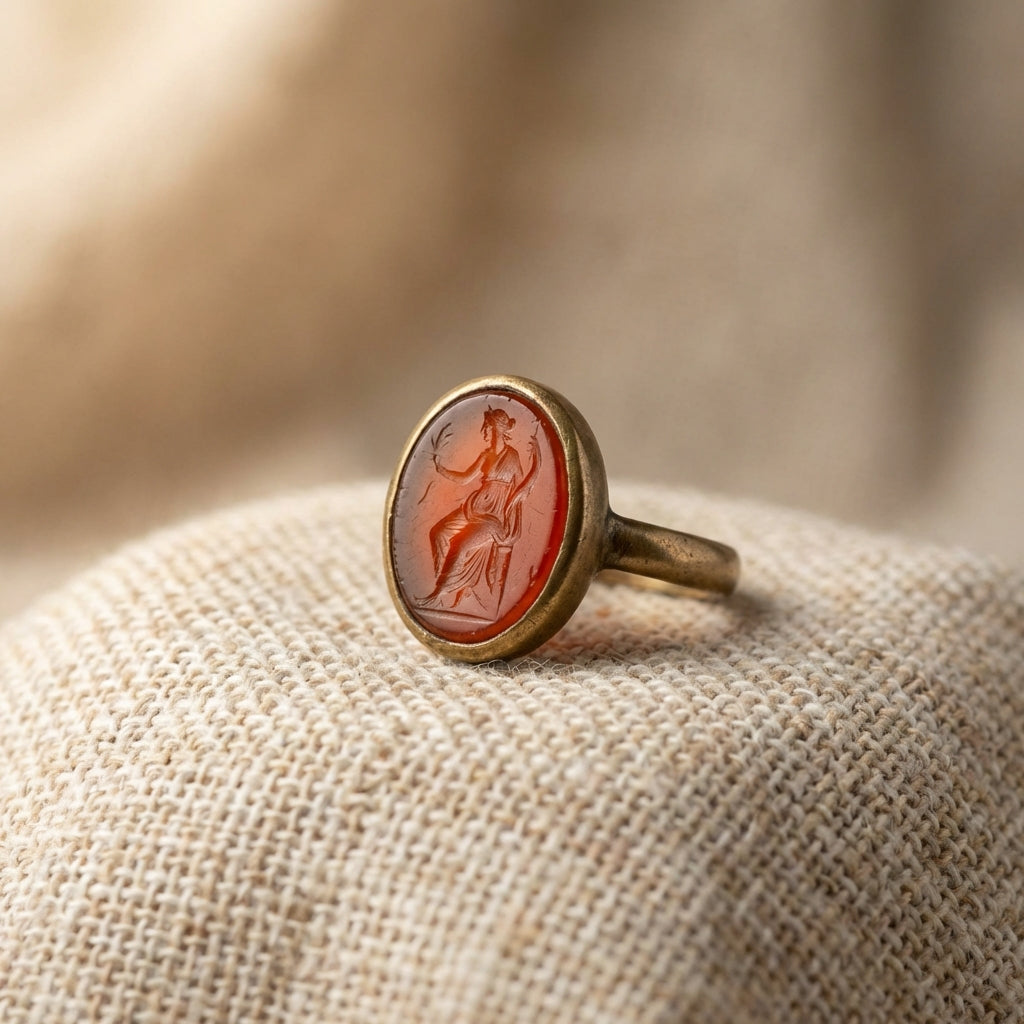 Close up of a roman carnelian ring intaglio in a worn bronze bezel on a neutral textile background in warm Aurora Antiqua palette