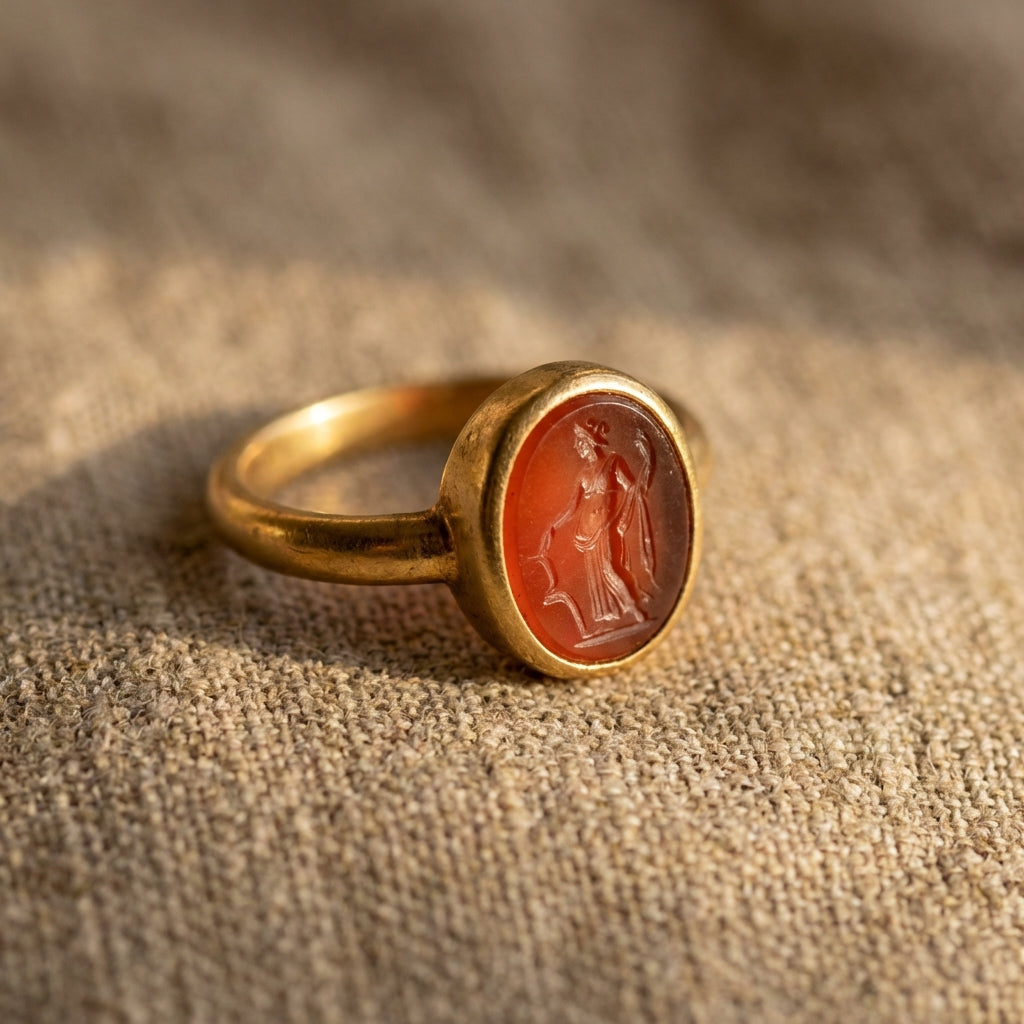 Close up of roman carnelian ring with red orange intaglio in a gold setting on warm textured linen background in Aurora Antiqua palette
