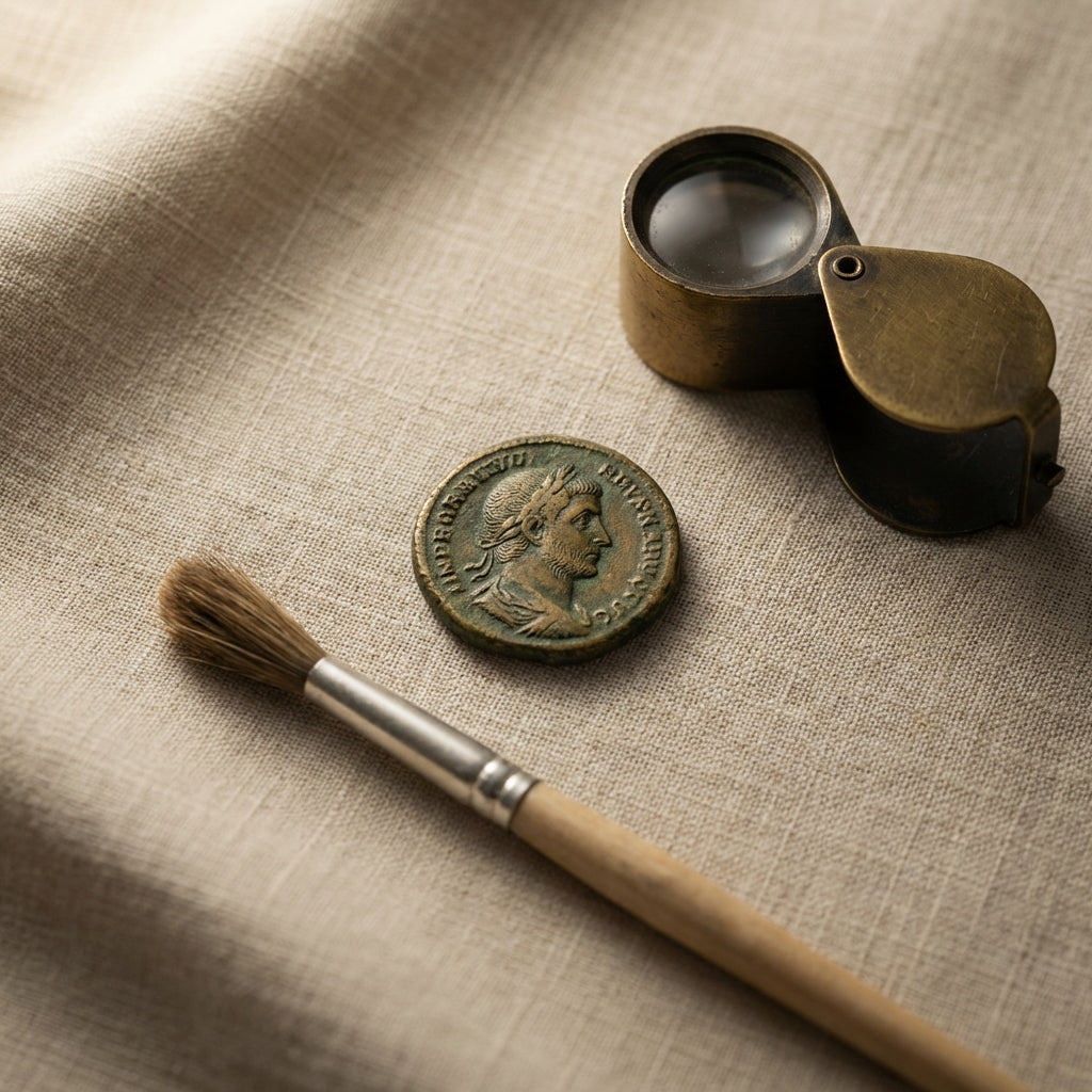 Artful overhead close shot of an authentic ancient Roman coin with jeweler loupe and conservation brush on neutral Aurora Antiqua fabric palette roman coin jewelry authentic