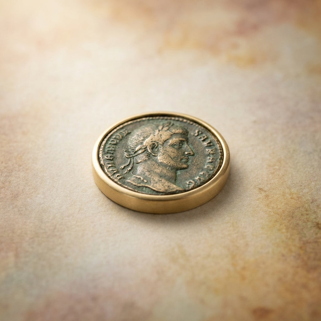 Close up of a worn Roman bronze coin in a simple matte gold bezel on a textured aged parchment background Aurora Antiqua style roman coin jewelry