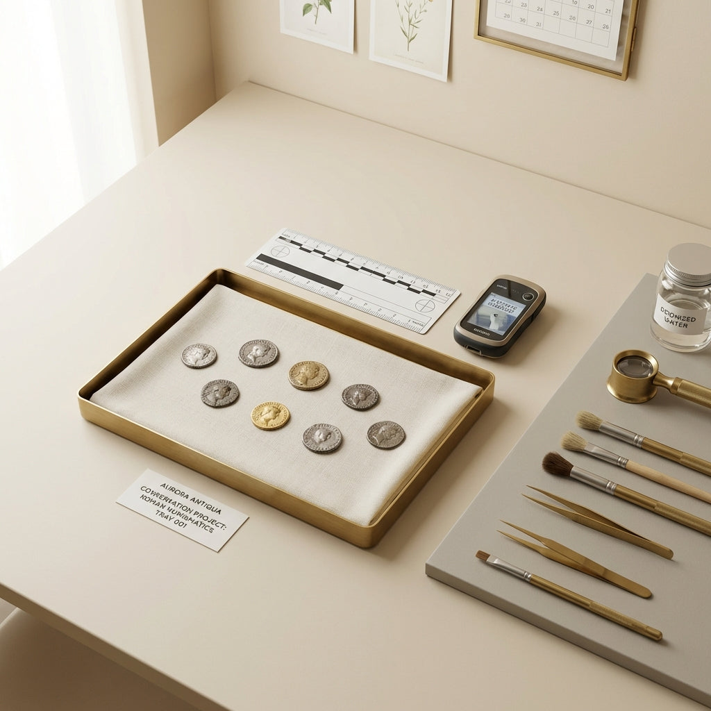 Conservator workspace focusing on roman coin jewelry with a tray of ancient coins scale card and GPS device on warm beige Aurora Antiqua background
