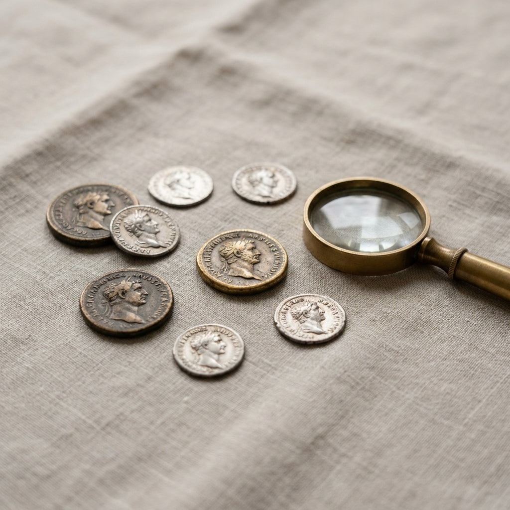 Close neutral banner with ancient coins and jeweler loupe on textured cloth in Aurora Antiqua palette suggesting curation and examination roman coin jewelry
