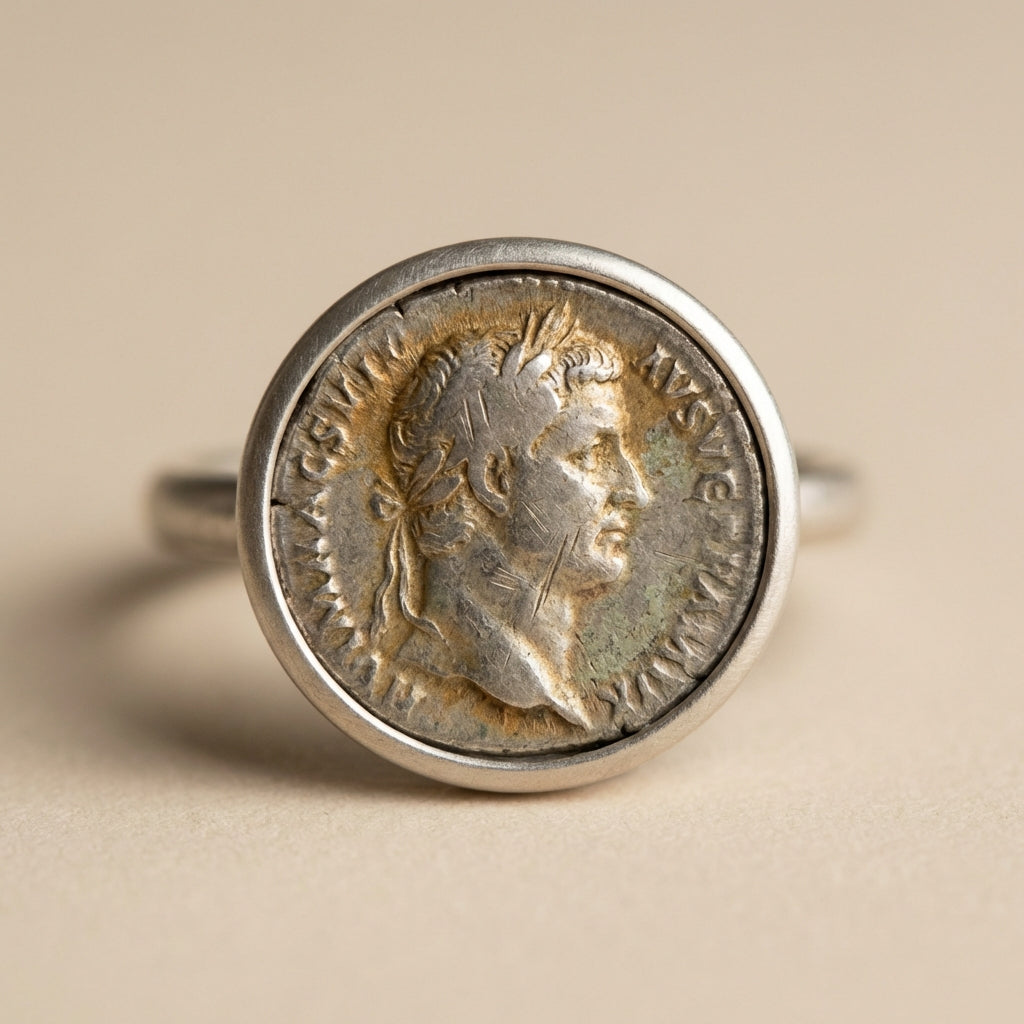 Full frame close up of a worn Roman silver coin ring in a simple bezel showing patina and tooling marks on a warm beige ede7da background