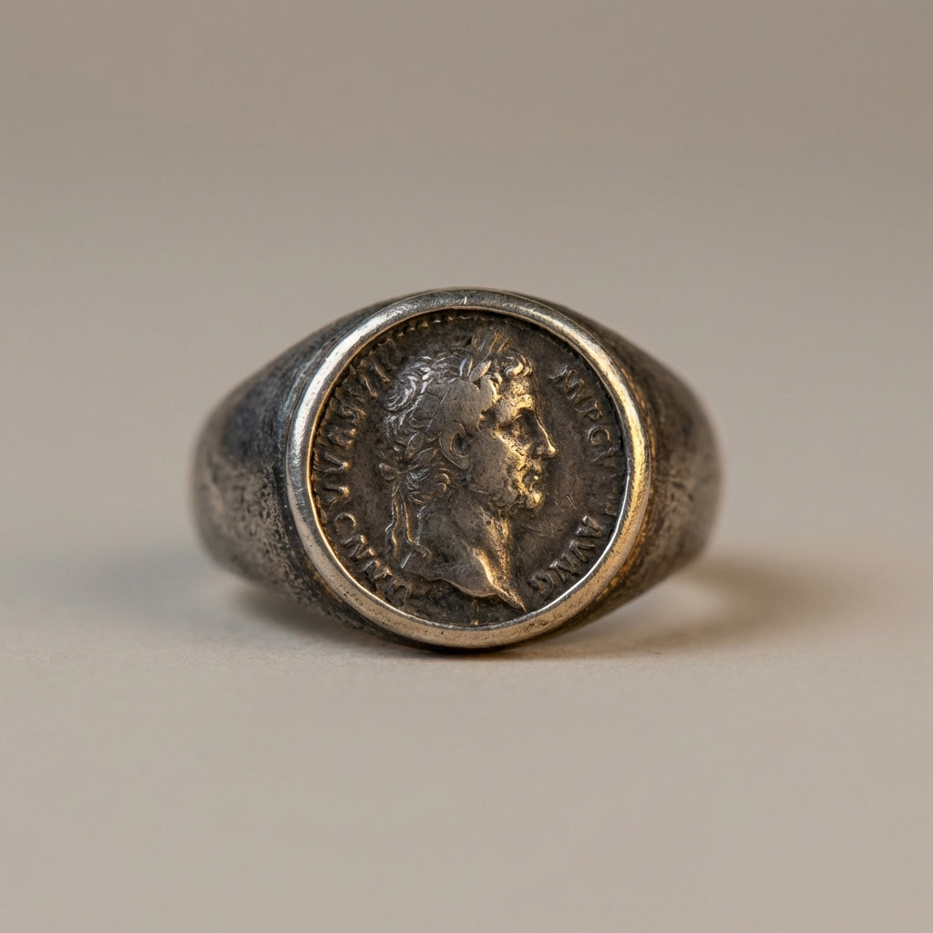 Close up of a roman coin ring bezel set in an ancient silver band showing worn patina and intaglio detail on a neutral ede7da background