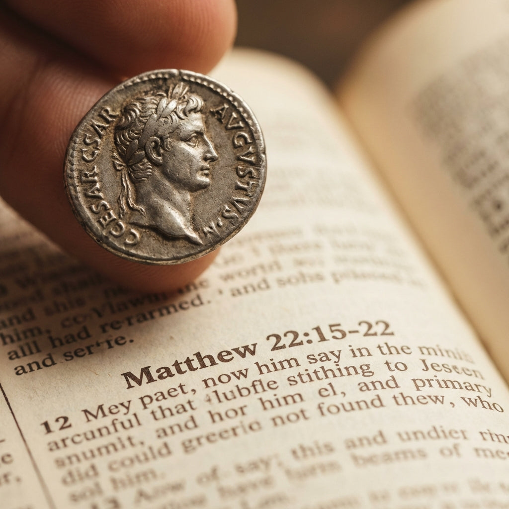 roman coin ring style silver denarius held above open Bible page showing Matthew 22 15 to 22 warm neutral minimal background