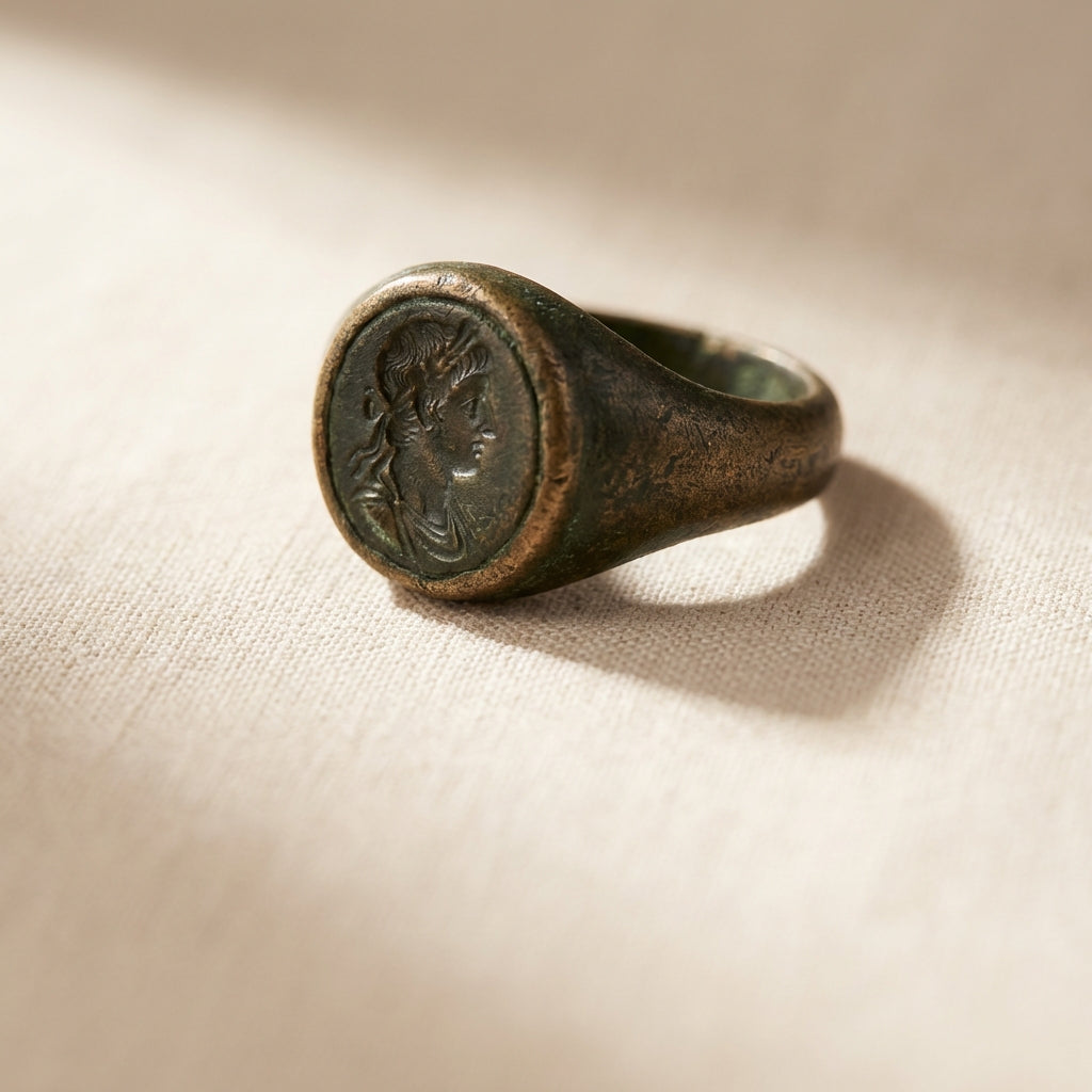 Worn ancient roman emperor caligula ring intaglio on neutral linen with soft directional light highlighting patina and engraved profile full frame minimalist studio photograph