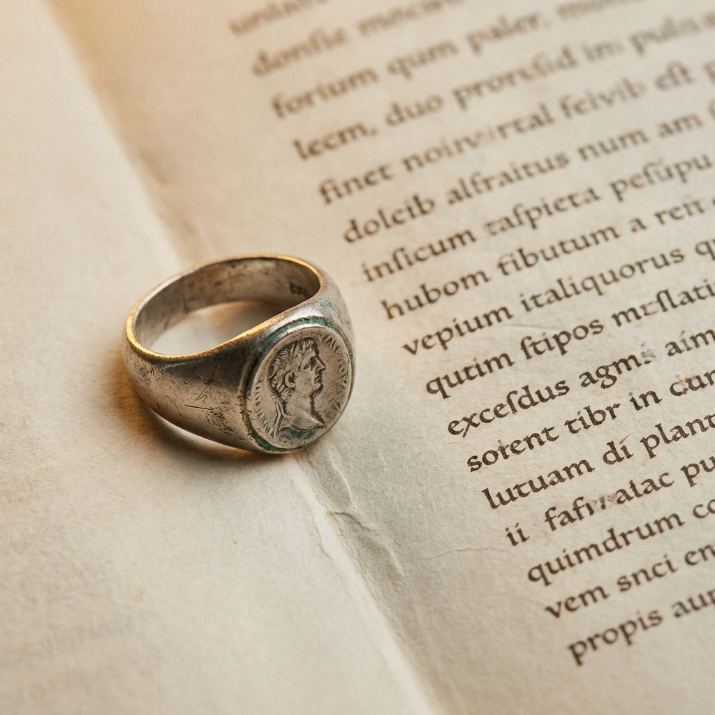 Full frame close up of a worn Roman emperor caligula ring intaglio resting on an aged classical text page under warm studio light shallow depth of field