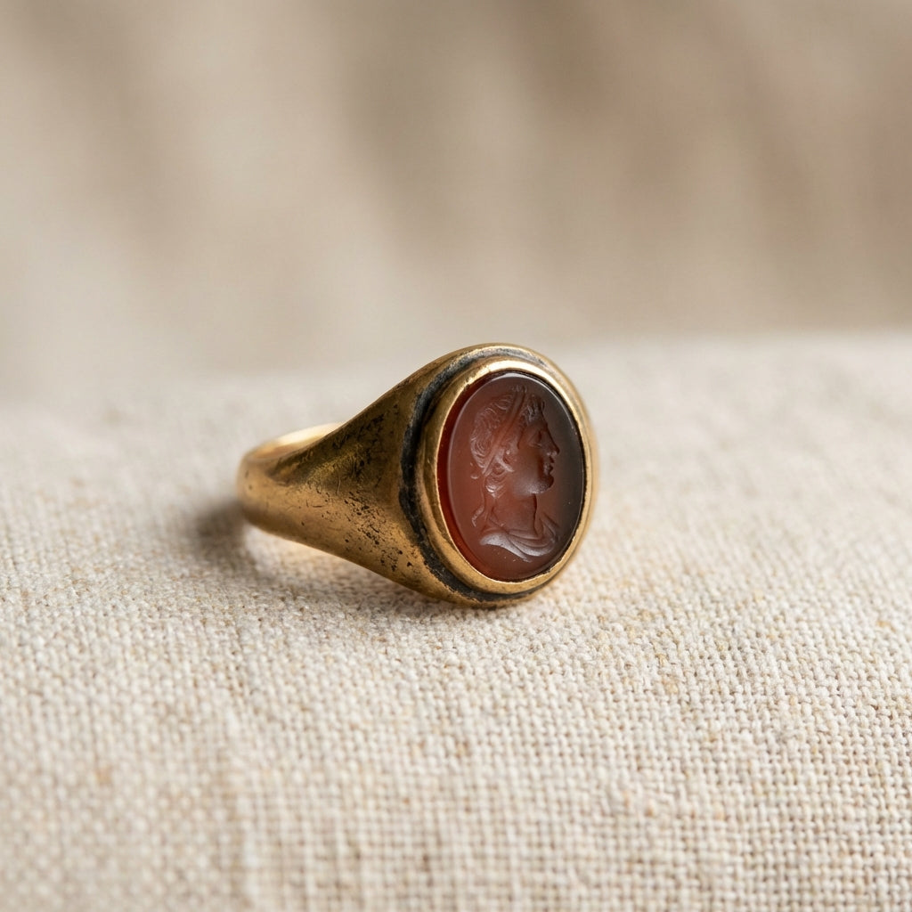Full frame macro of an ancient gold ring with carnelian intaglio and visible patina on warm linen background highlighting bezel detail roman empire jewelry