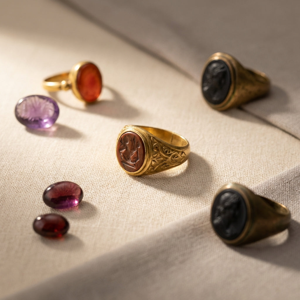 Minimal studio photo of roman empire jewelry rings and carved stones on neutral linen background in Aurora Antiqua palette showing carving details and patina