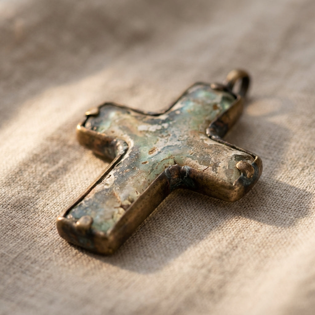 Close cropped clean photo of a weathered roman glass cross necklace on neutral linen background ede7da showing patina and metal mount details soft side lighting minimal composition