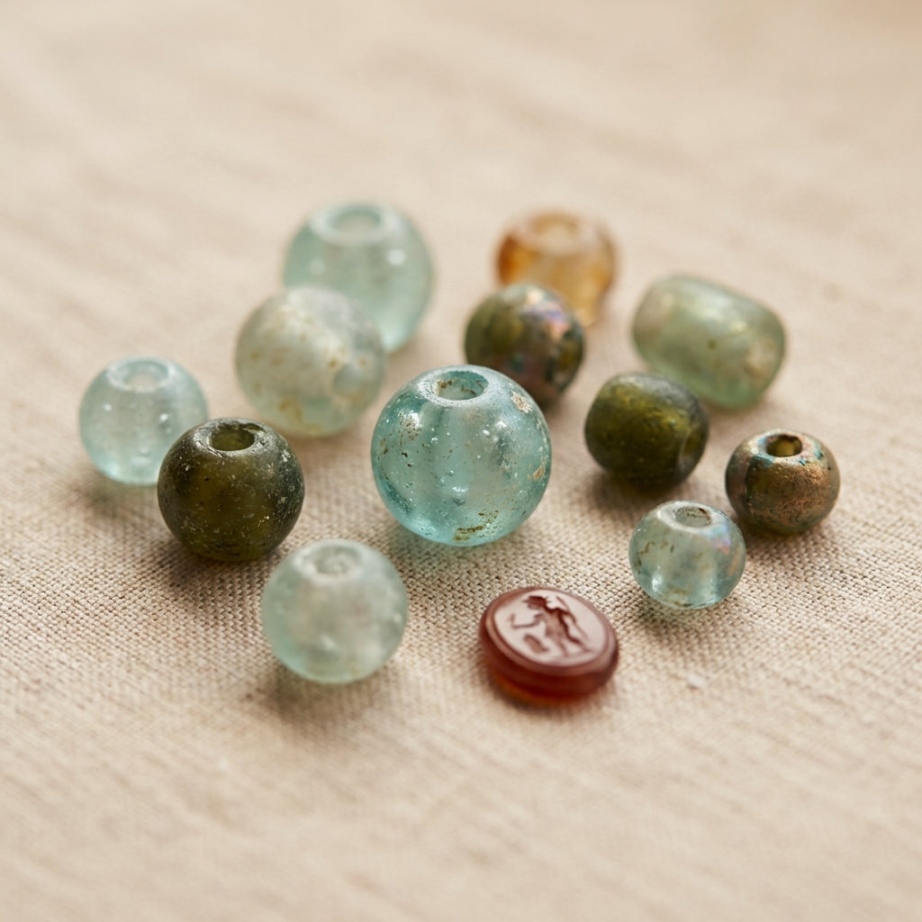 Close up of assorted roman glass jewelry beads and a small intaglio on warm neutral fabric showing pale aqua to olive green tones with visible bubbles