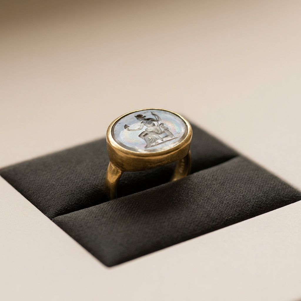 Close up of ancient Roman glass jewelry intaglio ring on a dark padded insert with warm gold bezel and light beige background