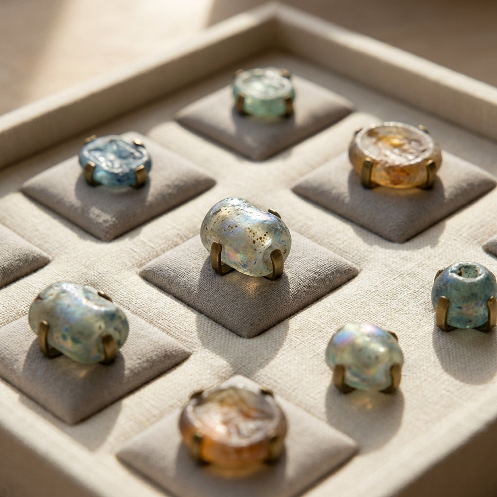 Full frame close up of curated tray with roman glass jewelry beads and intaglios on padded neutral fabric showing surface texture and soft directional light