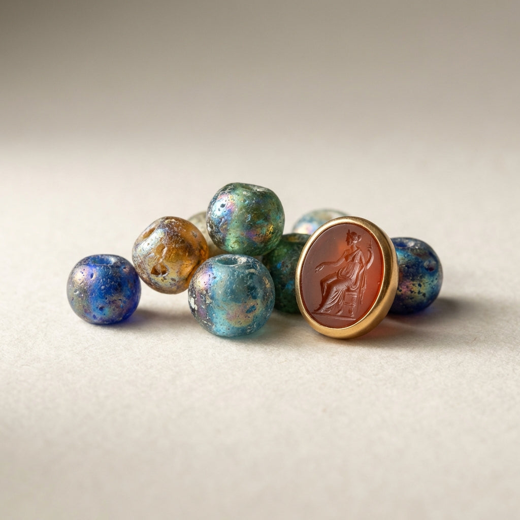 Close cropped studio photograph of roman glass jewelry beads and an intaglio in a simple gold bezel on neutral archival paper showing iridescence and surface texture