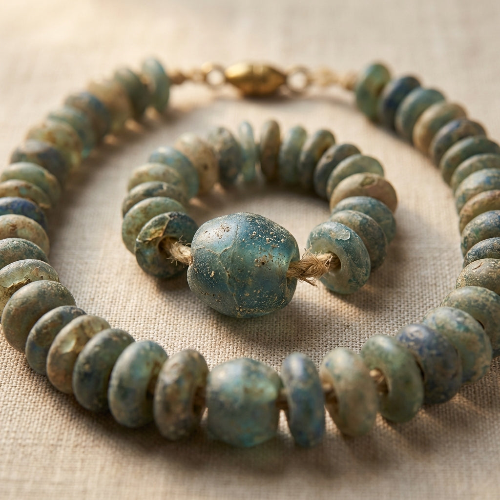 Close full frame view of a strung roman glass necklace on neutral linen showing iridescent patina and frayed string traces in soft diffused light