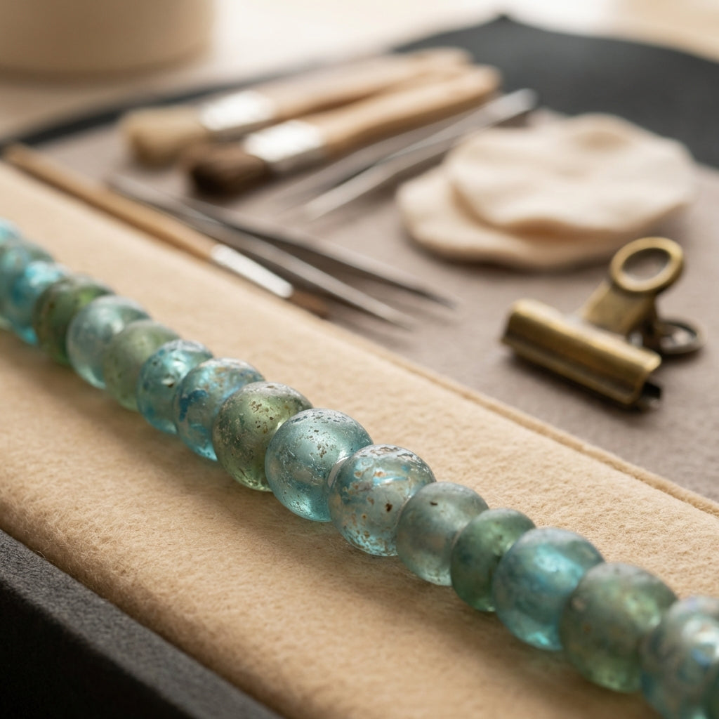 Close up of a roman glass necklace on a padded conservation surface with soft focus conservation tools and warm beige Aurora Antiqua palette