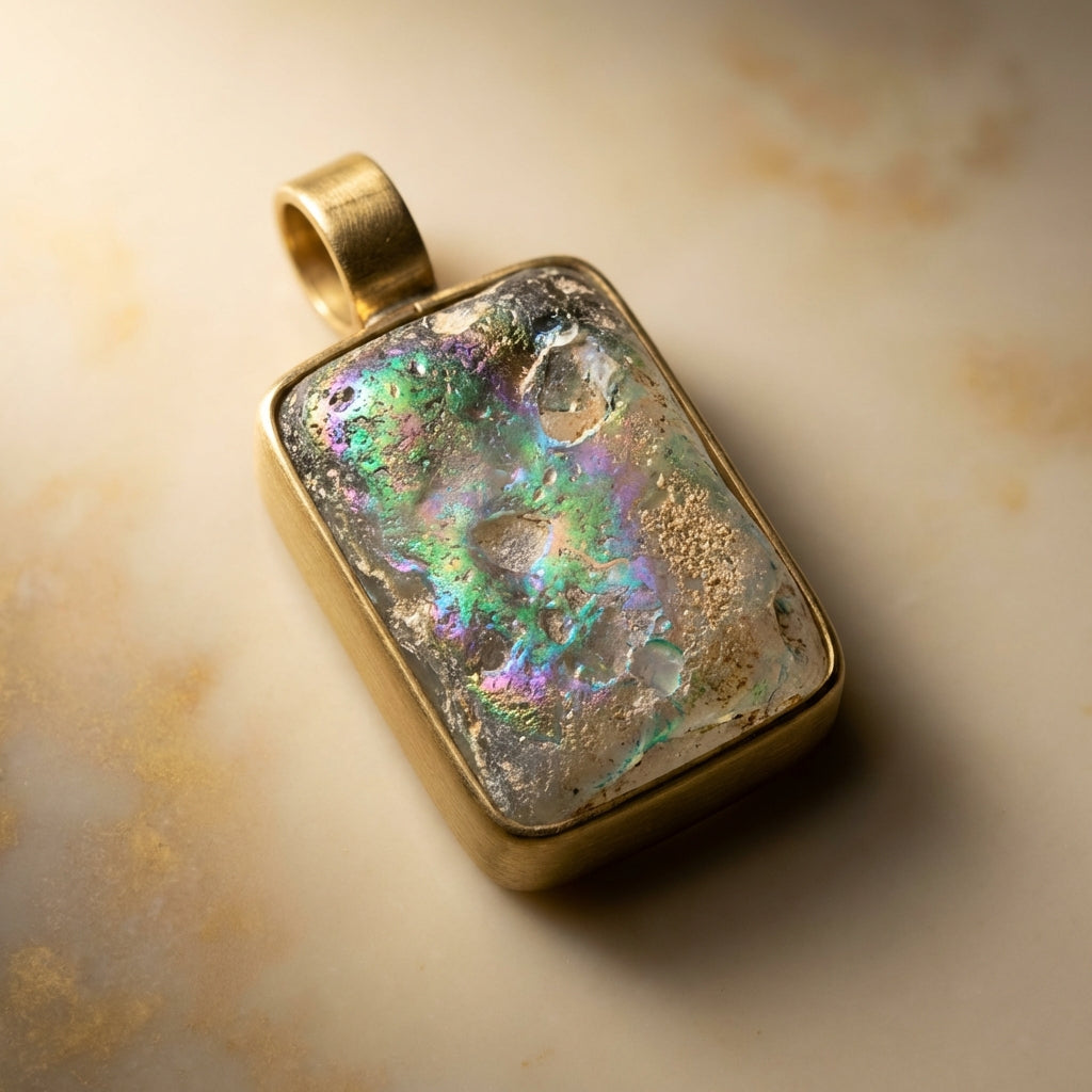 Studio lit close up of an ancient roman glass necklace pendant on a simple metal mount showing iridescence and surface weathering against a warm muted background in Aurora Antiqua colors