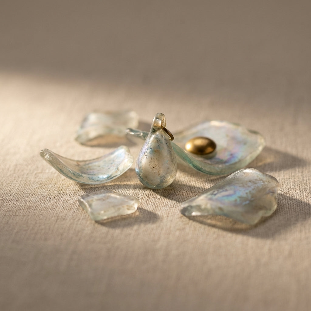 Close studio photo of a roman glass pendant and ancient glass fragments on neutral fabric showing iridescence and patina