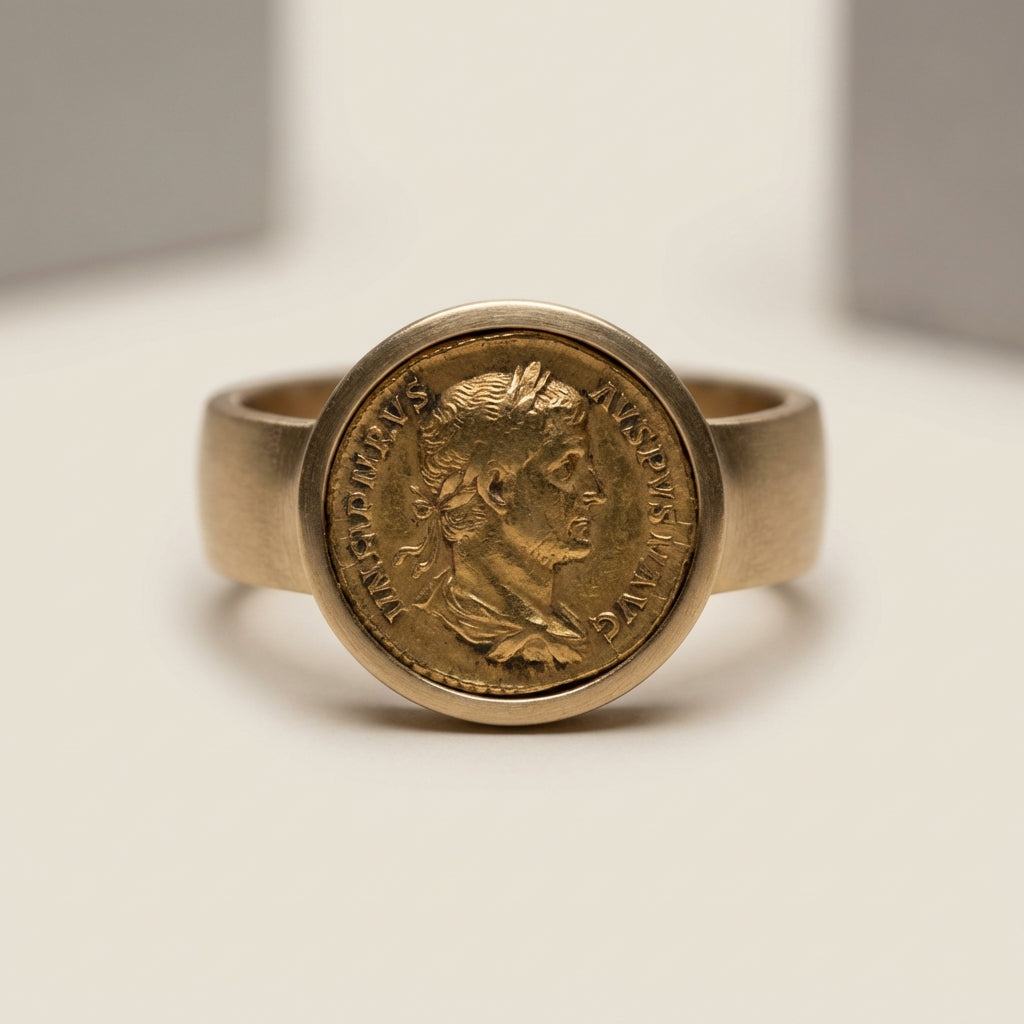 Close macro of roman gold coin ring set in a minimalist band on a neutral beige background with soft museum style lighting