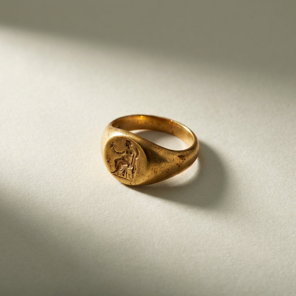 Close studio photograph of a roman gold ring showing intaglio and patina on acid free paper background ede7da with shallow depth of field and warm directional light