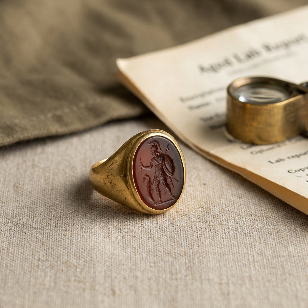 Close still life of a roman gold ring with carnelian intaglio on linen next to a blurred loupe and lab report in warm neutral tones