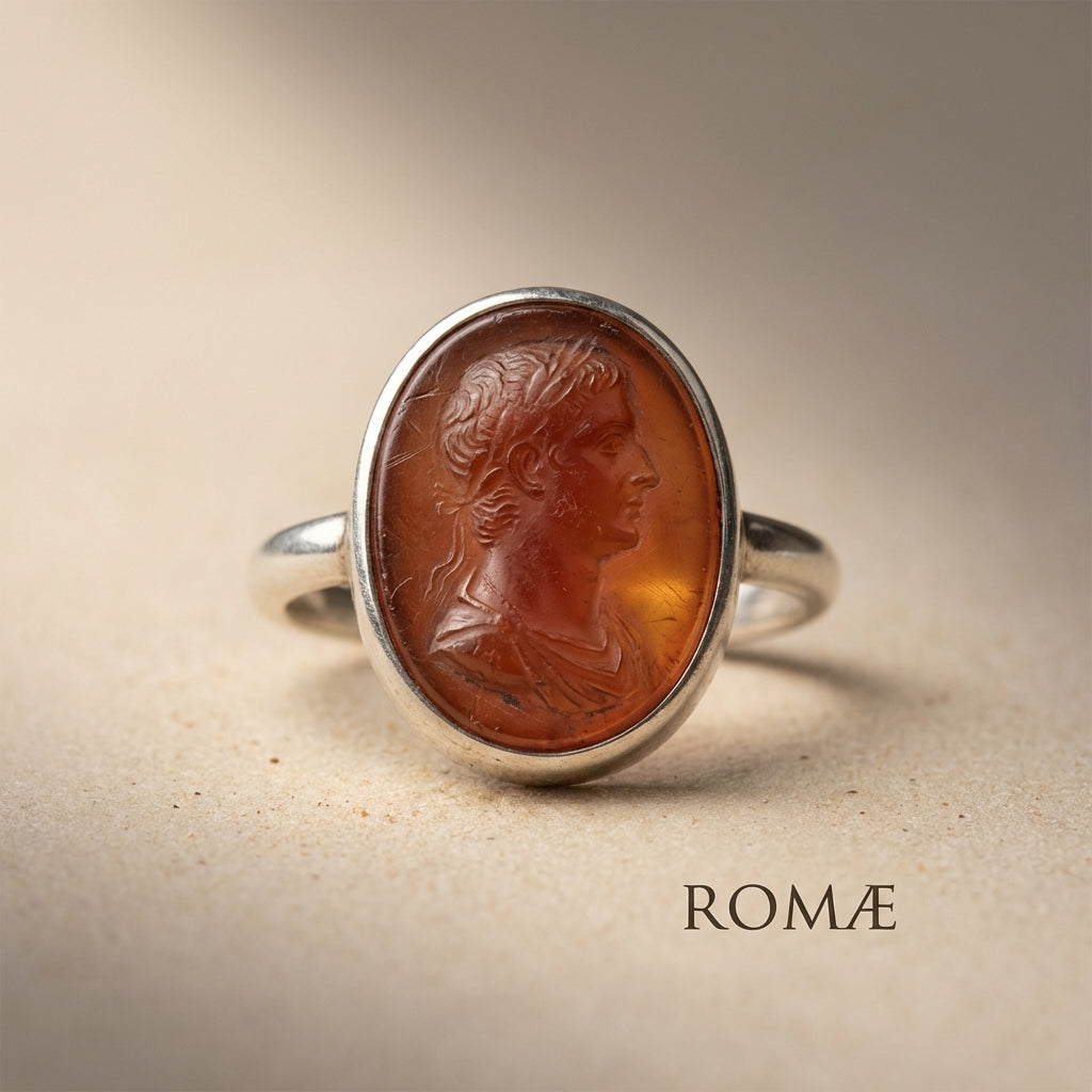 Carved carnelian roman intaglio ring in a simple silver hoop on a neutral textured background with soft directional light showing surface wear and warm patina