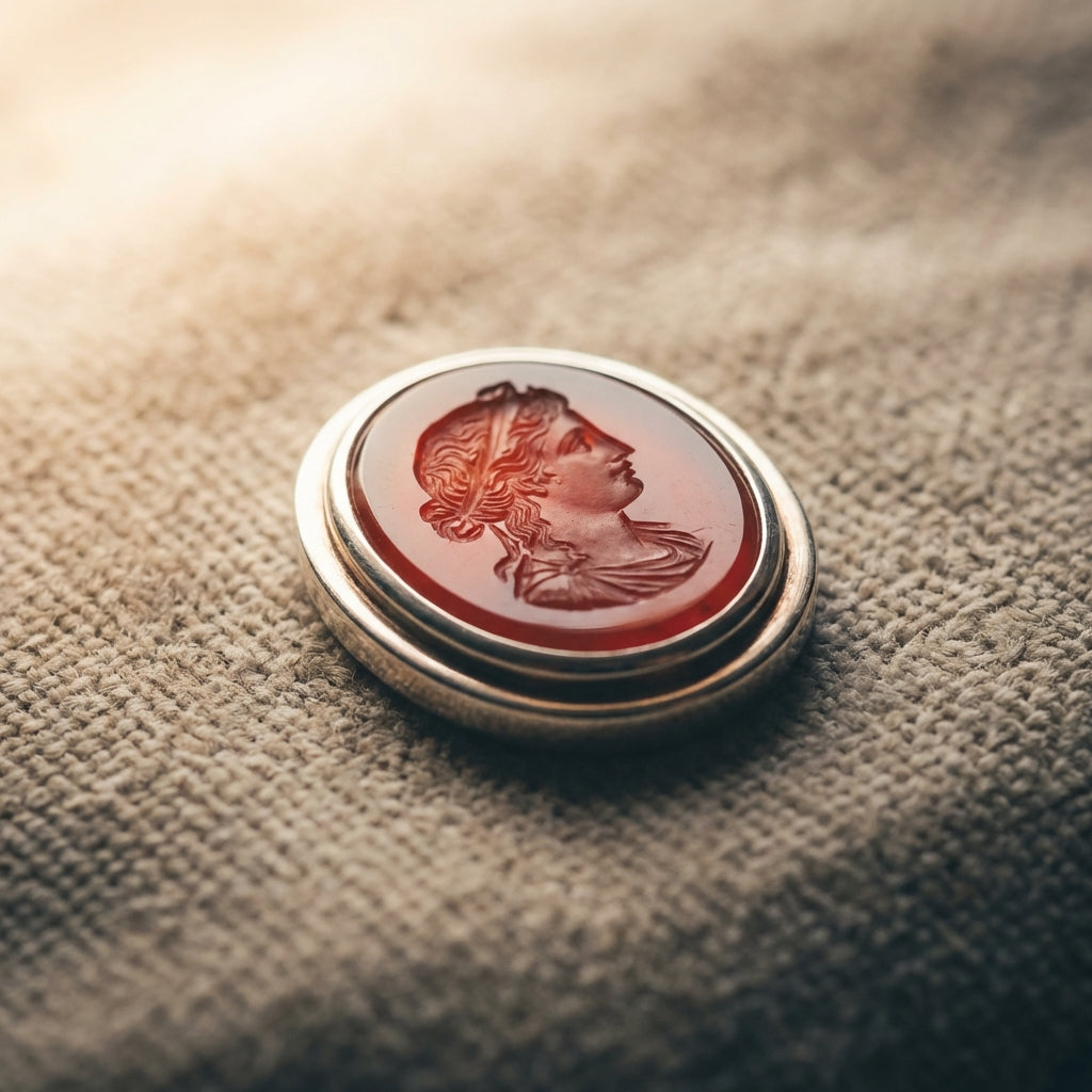 Close up of red carnelian roman intaglio ring in polished silver bezel on neutral warm parchment fabric with soft directional light minimalist composition