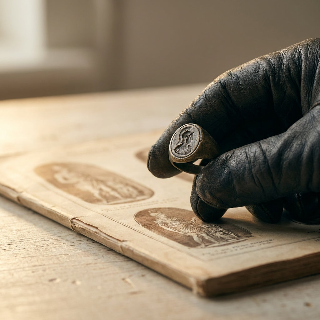 Gloved hand holding a roman intaglio ring above a faded catalogue page on a warm beige background evoking a minimalist scholarly workbench