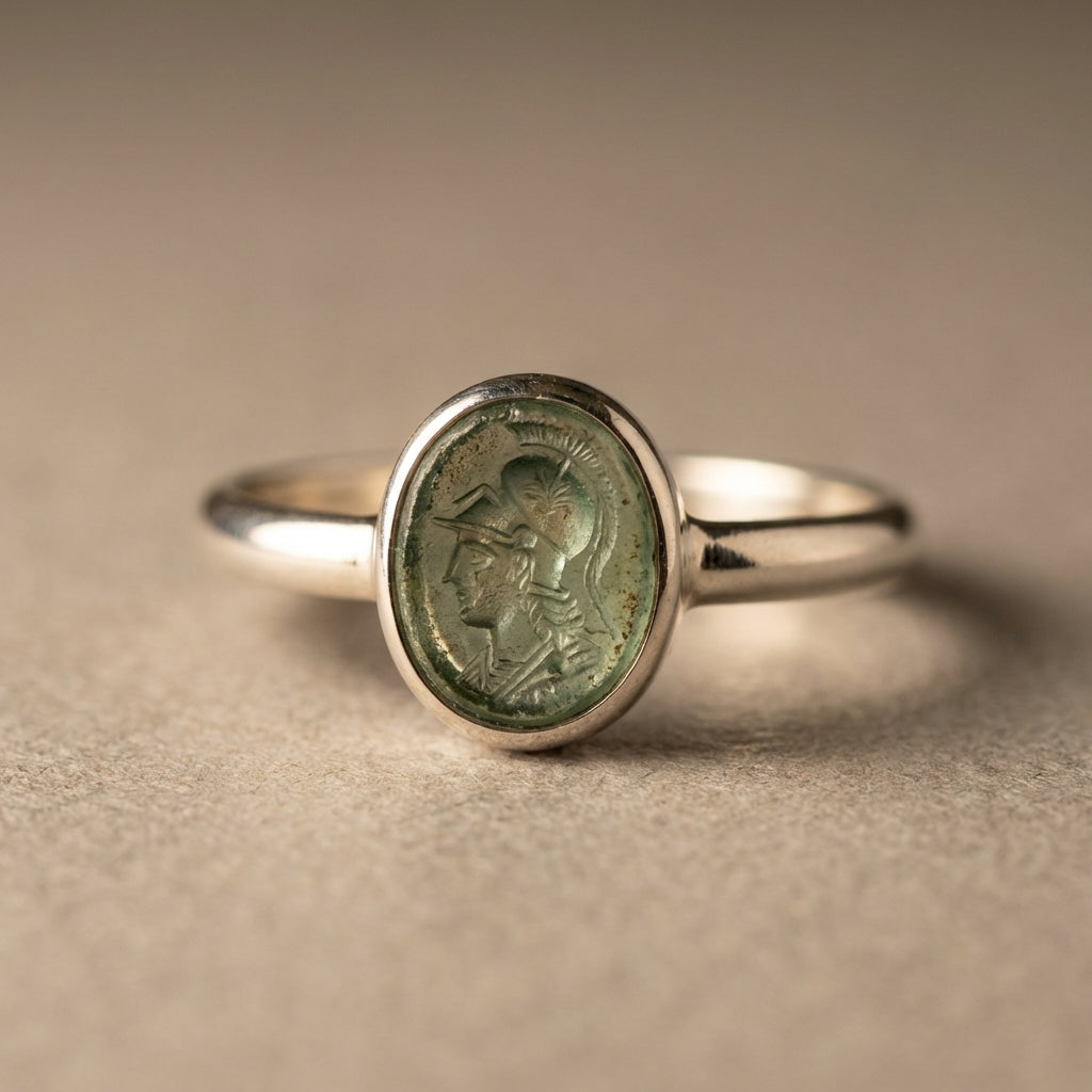 Close up of a roman intaglio ring with engraved scene set in a polished silver band on a neutral ede7da background shallow depth of field warm studio lighting highlighting patina and fine details