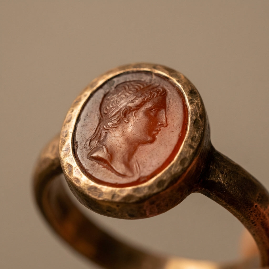 Close cropped chiaroscuro macro of a roman intaglio ring in a simple bronze bezel showing patina and tool marks on a warm beige background