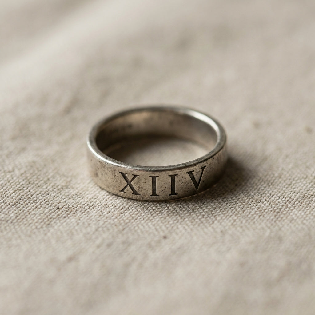 Close crop of worn silver ring with engraved roman numerals on a neutral linen background showing patina and surface detail roman numeral ring silver