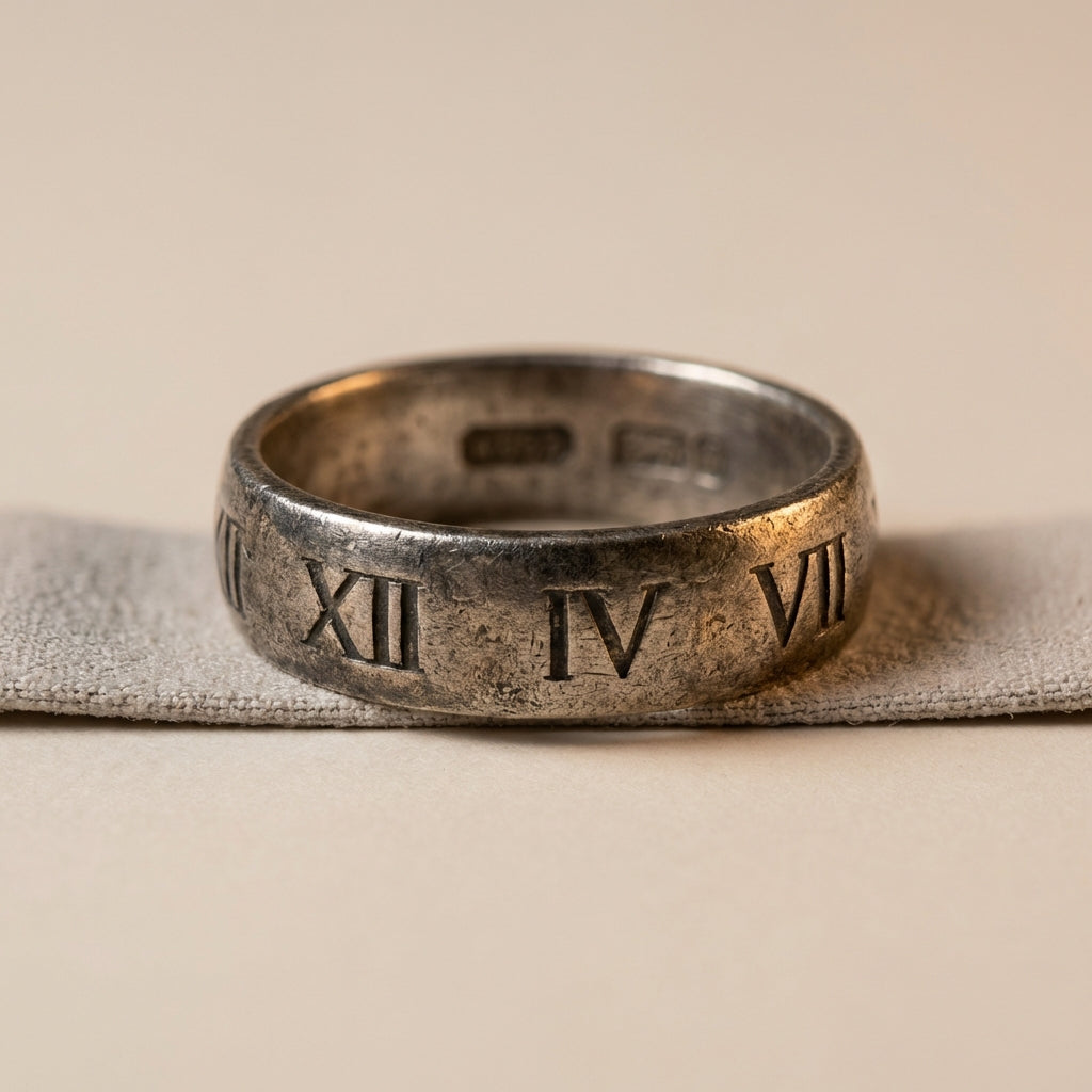 Close up of an ancient roman numeral ring silver with visible patina and hallmarks on warm neutral background ede7da in Aurora Antiqua minimal aesthetic