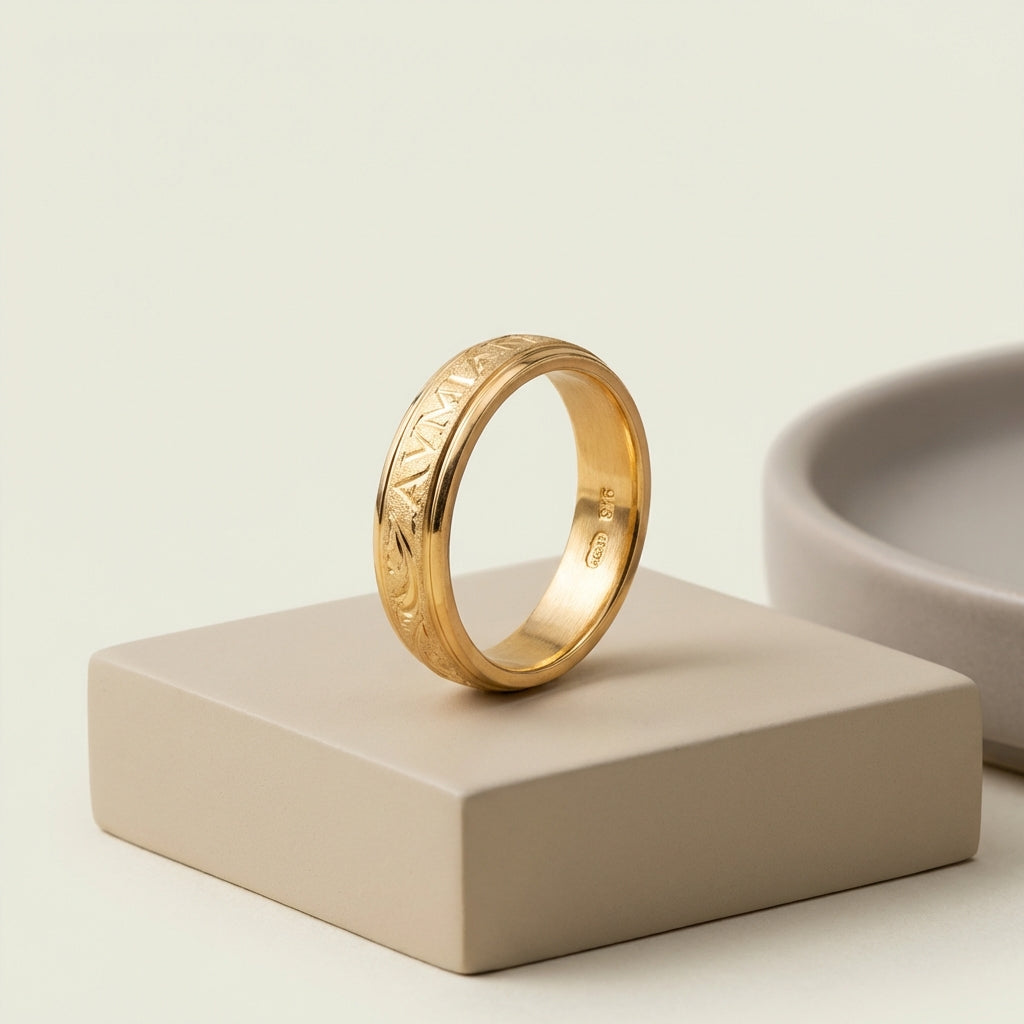 Minimalist product photograph of roman ring 916 on warm cream background ede7da with subtle beige secondary accents and warm gold highlights showing polished surface and engraving