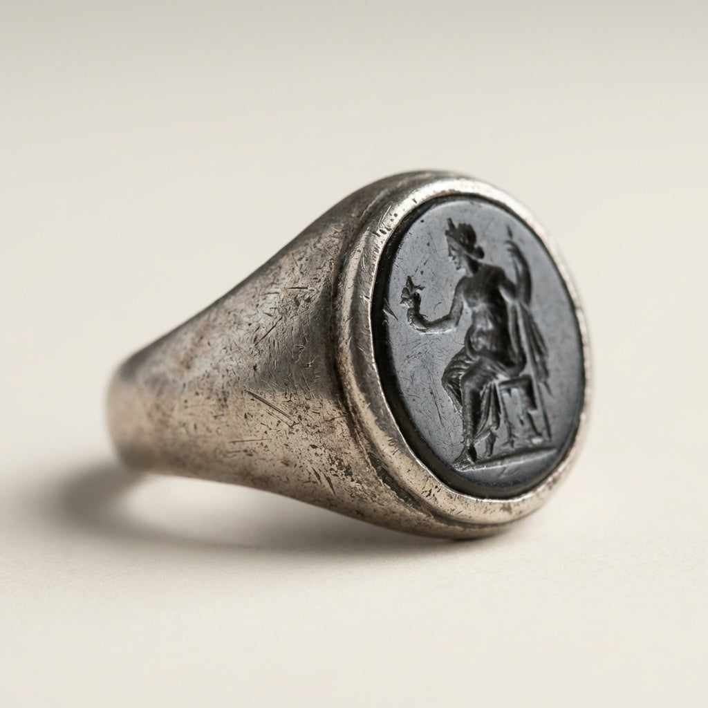 Close up of a worn ancient roman silver ring showing bezel and carved intaglio on a neutral Aurora Antiqua background with soft directional lighting and visible patina