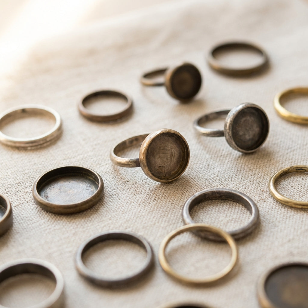Close up of roman silver ring bezels and hoops on natural linen showing patina and tool marks minimalist Aurora Antiqua palette background ede7da warm accent ae8339