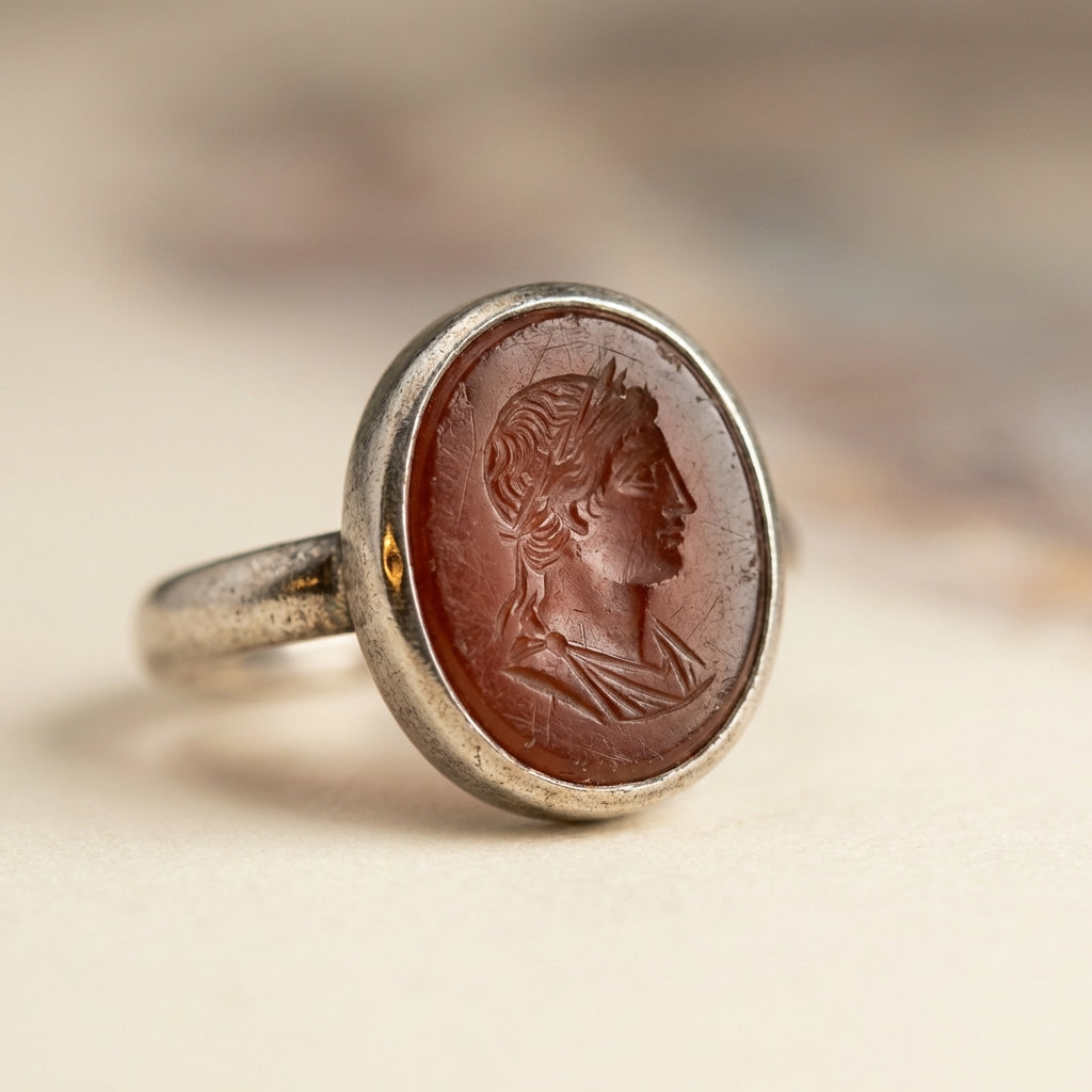 Close up of worn red carnelian intaglio in an aged silver hoop showing carved incised lines and patina, roman soldier intaglio ring meaning