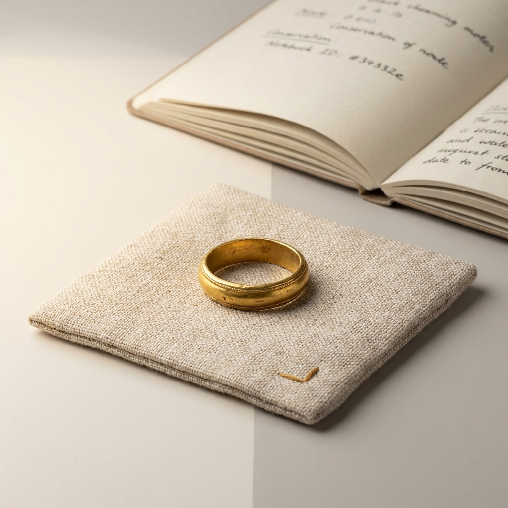 Close cropped studio photo of romanjewelry ancient gold ring on a linen pad with soft side lighting and a blurred conservation notebook on warm beige background