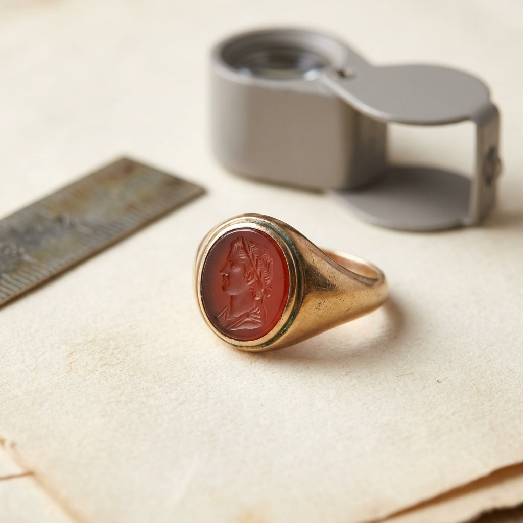 Close cropped macro photo of an ancient Roman ring on archival paper with a measurement scale and jeweler loupe minimal layout romanjewelry